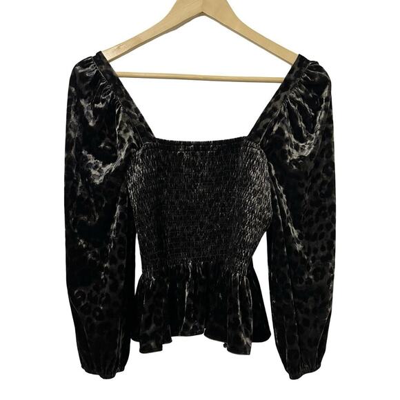 SAYLOR Velvet Animal Print Peplum Square Neck Top Size M Black Fairy Puff Sleeve - Picture 2 of 8